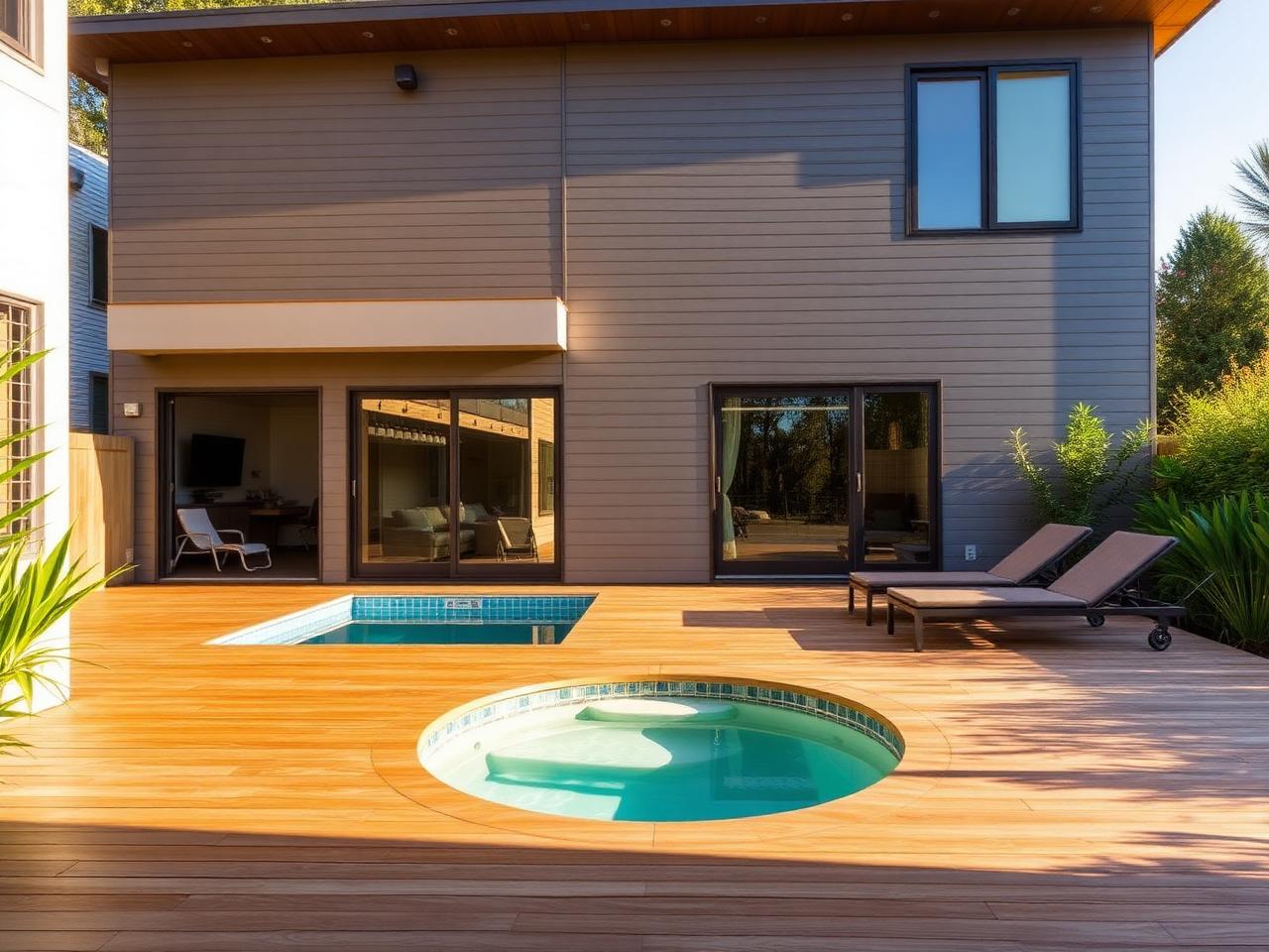 Área externa com deck de madeira e piscina