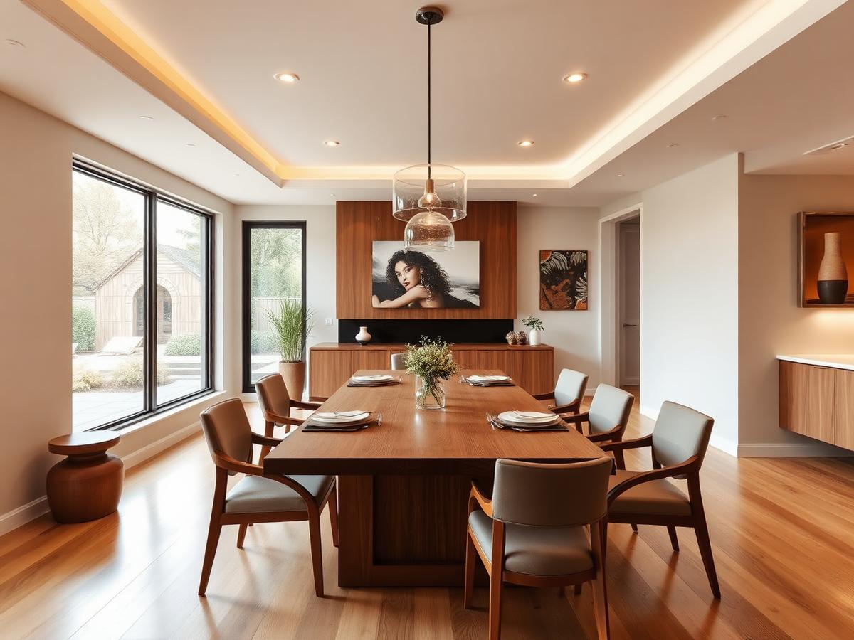 Sala de jantar integrada com vista para o jardim